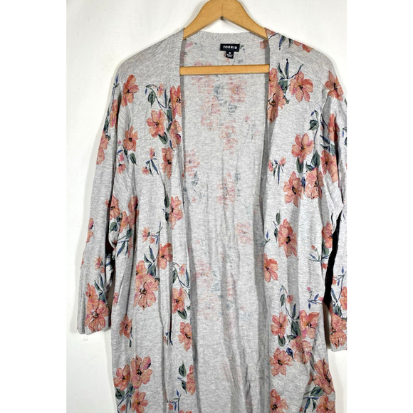 Torrid Heather Gray Pink Floral Cardigan Sweater Size 4 Open Front Knit Floral - Picture 3 of 11
